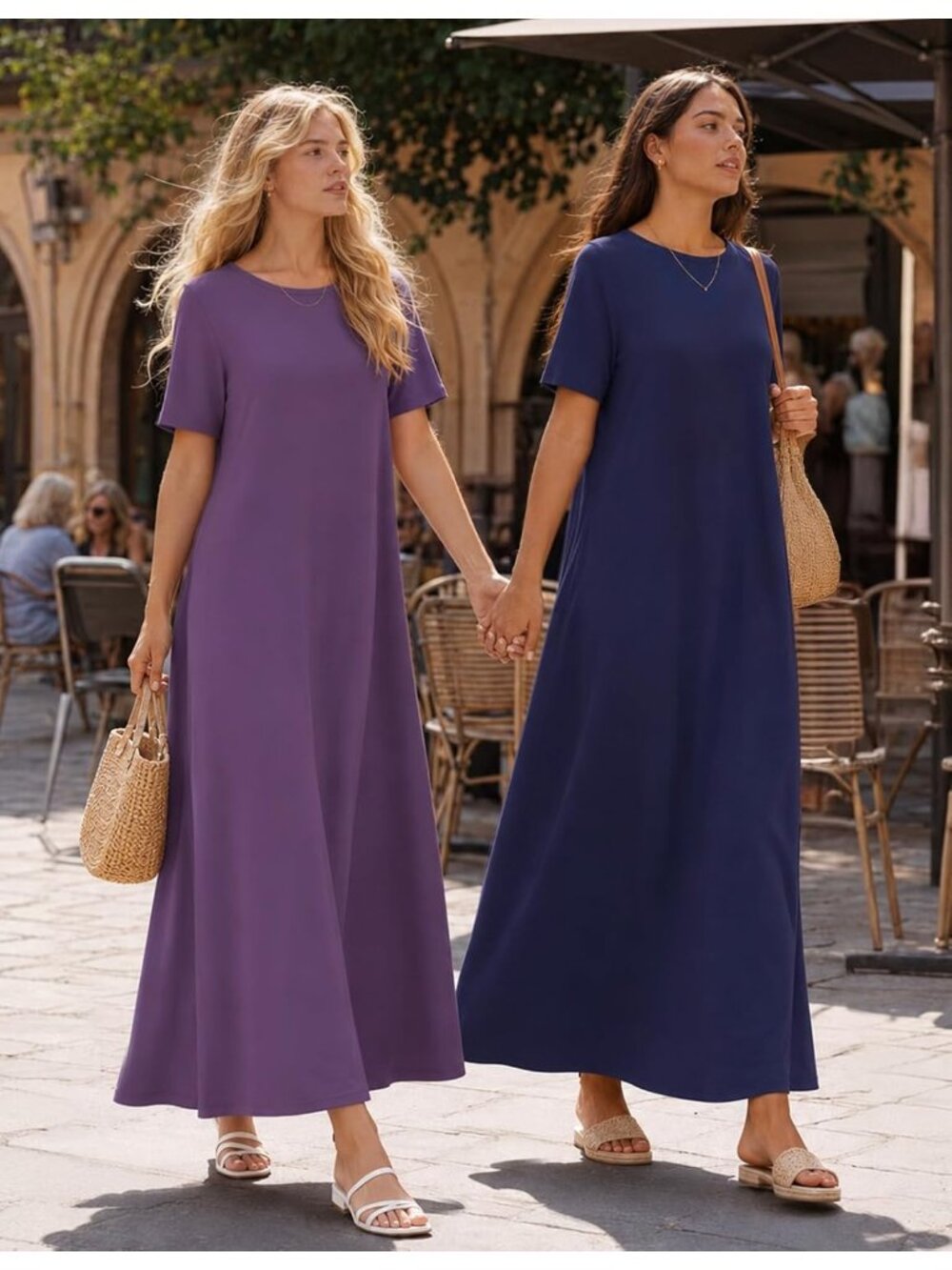 Women's Navy Summer Casual Maxi Dress Vacation Crew Neck Short Sleeve Dress - Picture 4 of 6